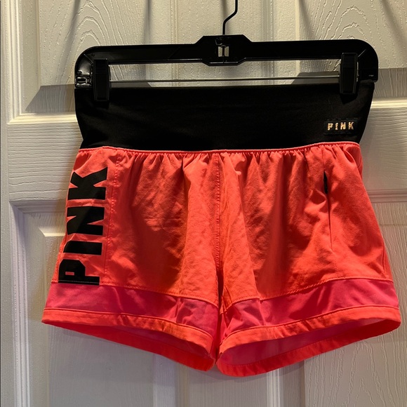 PINK Victoria's Secret Pants - PINK Victoria's Secret Women's Neon Orange and Black Athletic Shorts